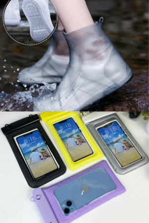Pack Protection Totale – Étui flottant étanche pour téléphone + Surchaussures en silicone antidérapantes – Idéal pour voyages, activités nautiques et météo capricieuse